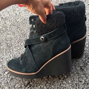Coach Black Suede Shearling-Trim Wedge Ankle Boots